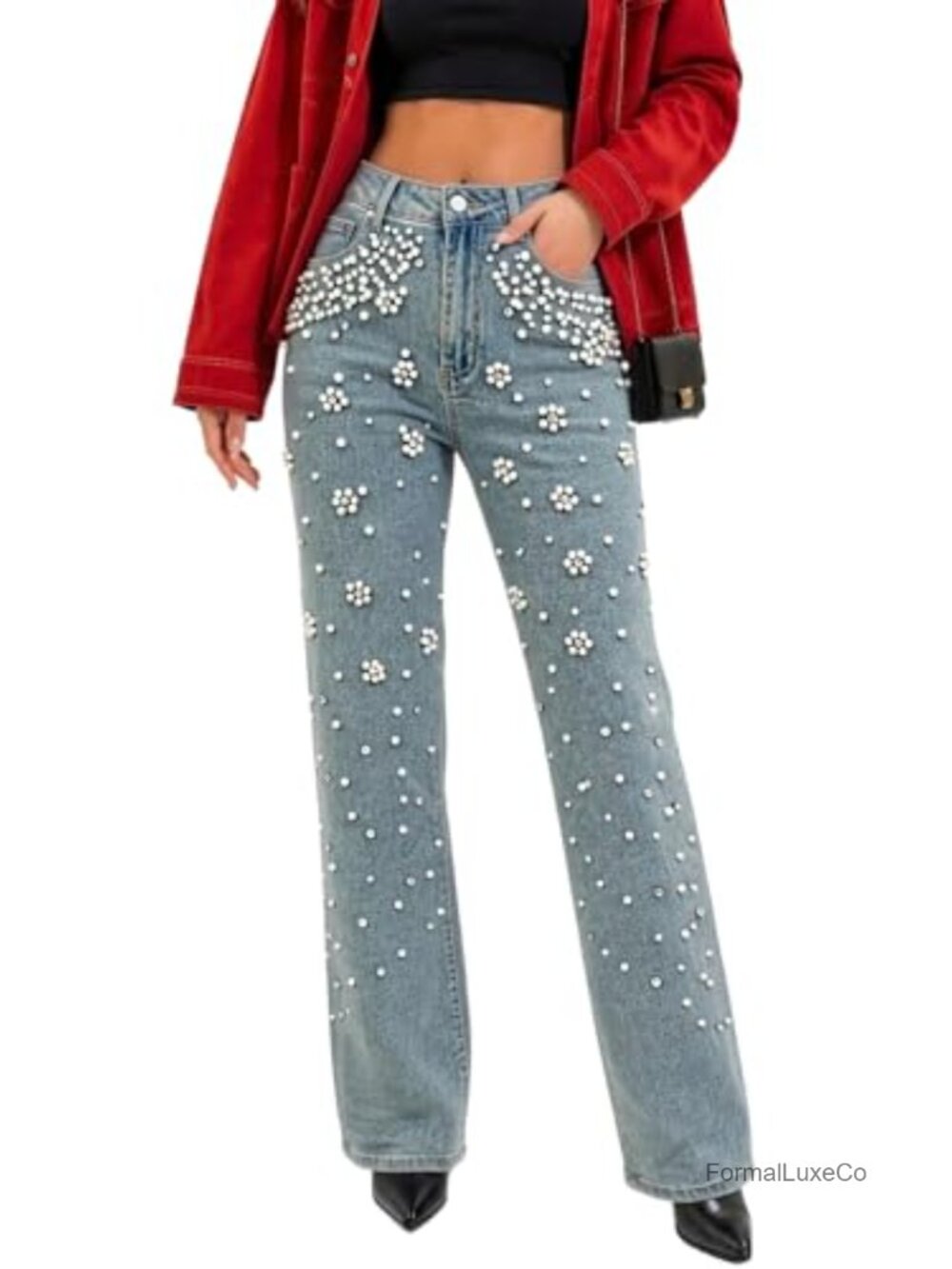 Rhinestone Pearl High Waist Straight Leg Stretch Denim Jeans Party Pants
